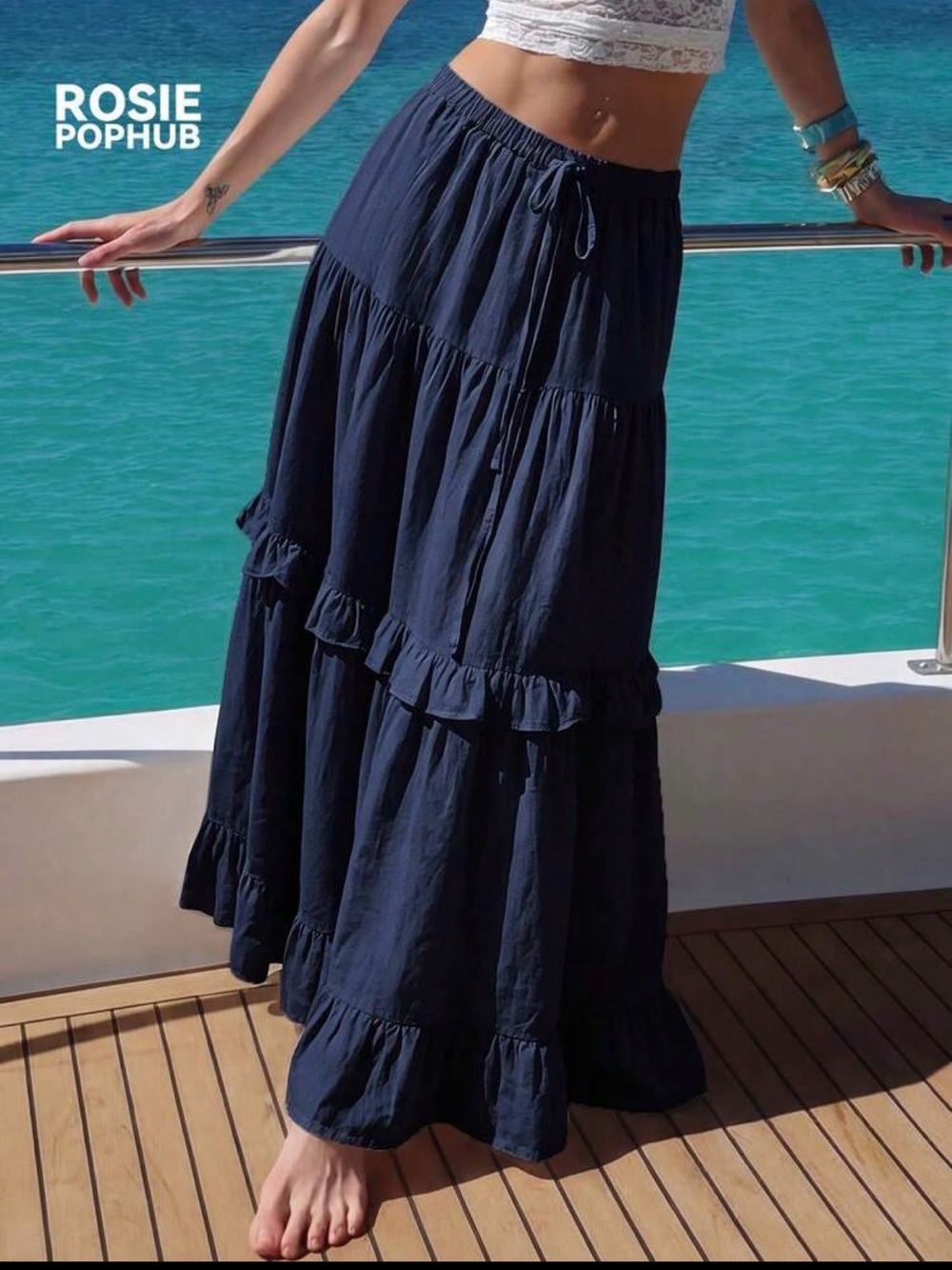 Women's Navy Tiered Maxi Skirt